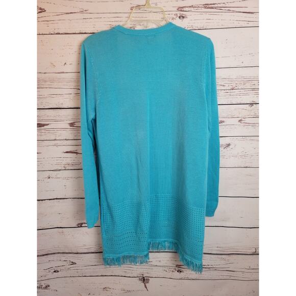 Talbots Light Blue Open Front Knit Fringe Cardigan Sweater Women's Size Large - Picture 8 of 9